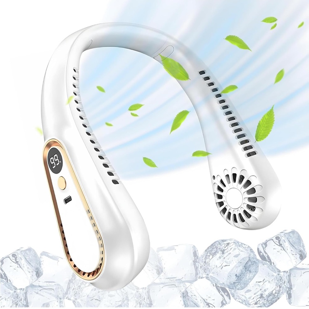 ❄️ White Portable Neck Fan – Rechargeable, 5-Speed 🤍